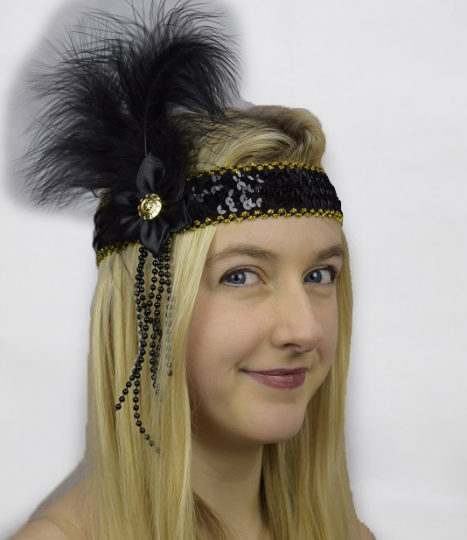 1920s Headband Black Flower With Feather Beads 1 1.jpg