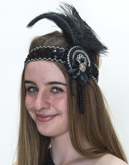 1920’s Headband Black Silver Feather & Beads