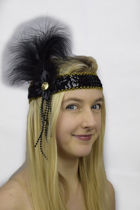 1920’s Headband Black Flower Feather & Beads