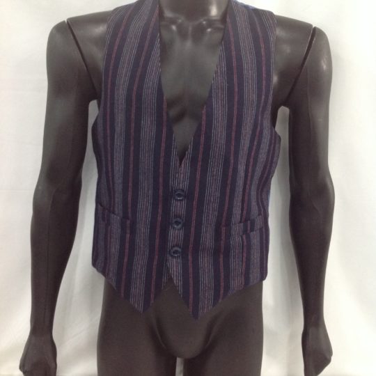 Men's waistcoat for hire. Charcoal with blue pattern vest with 5 buttons at the front. Wear this vest with any gangster suit, dress up a regular suit and add a cravat for a Titanic look, or with a cap and braces for a Peaky Blinders look.